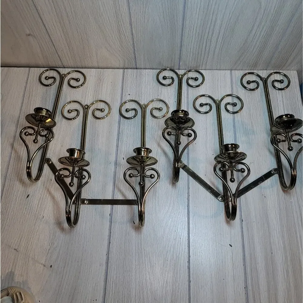 Vtg Brass Wall Mount Triple Sconce Pair Home Interior Candle Holders Gothic MCM